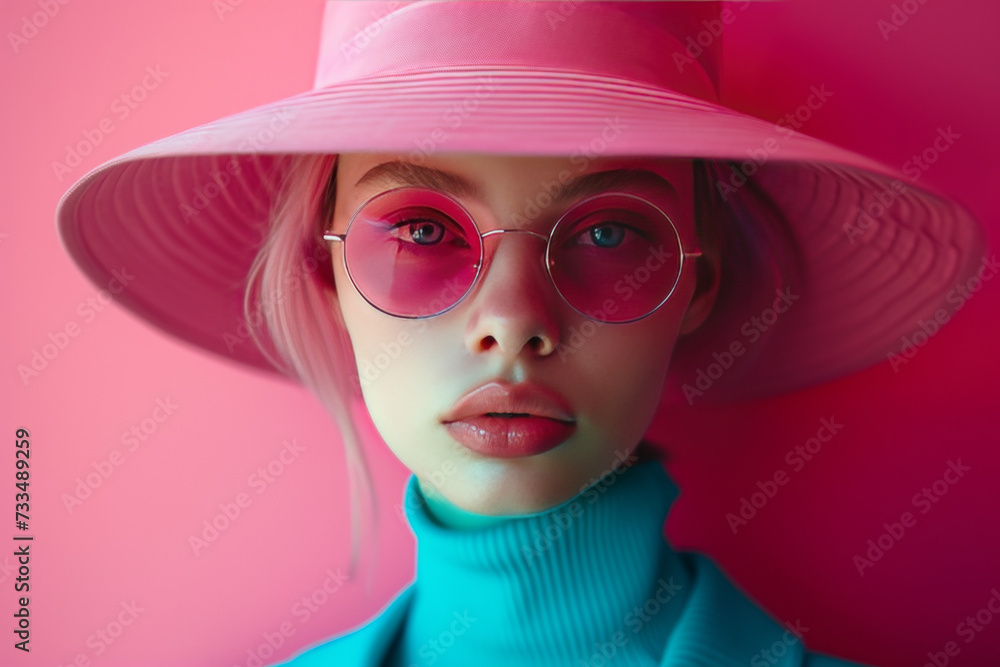 A beautiful and confident woman in shades of pink and blue poses in the spring sun. Fashion, spring, sun, beauty. A beautiful and confident woman in shades of pink and blue poses in the spring sun. Fashion, spring, sun, beauty.