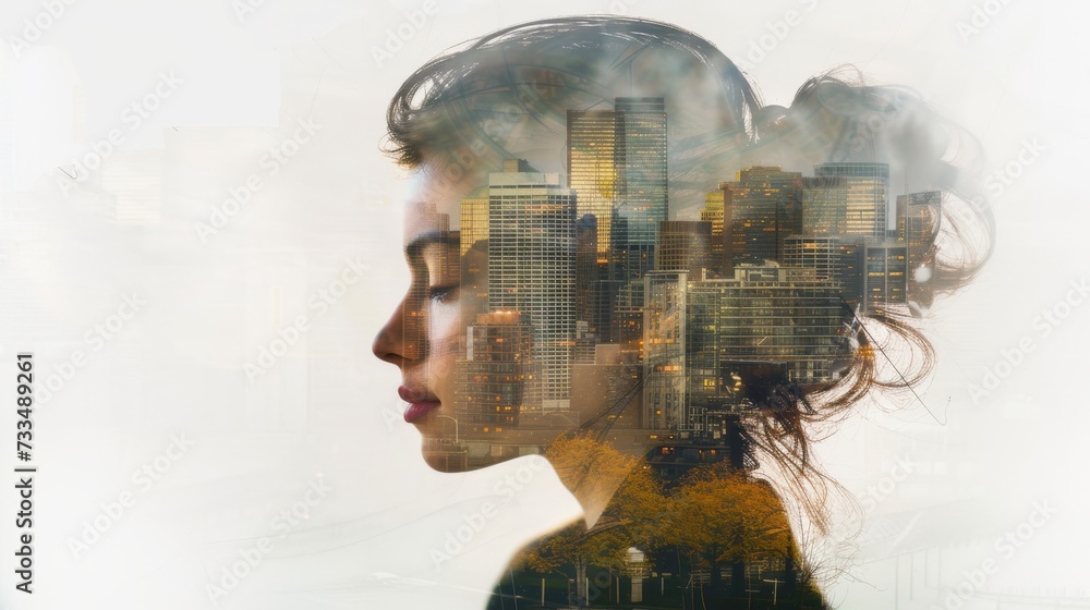 Abstract Fusion of Person and Cityscape in Double Exposure AI Generated.