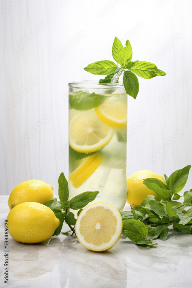 Lemonade in glasses in white modern kitchen with slices of lemon and mint Lemonade in glasses in white modern kitchen with slices of lemon and mint