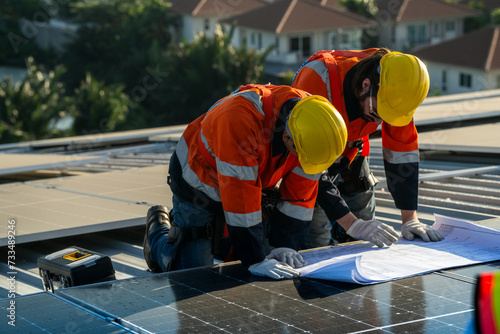 Worker Technicians are working to construct solar panels system on roof. Installing solar photovoltaic panel system. Alternative energy ecological concept. Renewable clean energy technology concept.