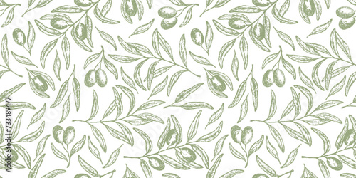 Sketch light olive green seamless pattern with hand drawn vector olives branches. Engraving oliva tree texture for food and beauty package, textile design, wrapping paper