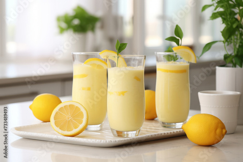 Refreshing lemon smoothie or slushie in tall glasses on the table in white modern kitchen