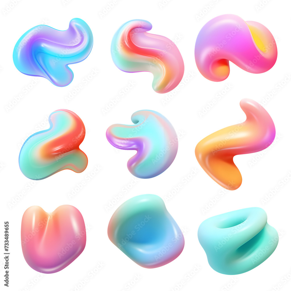 distinct, vibrant, and fluid abstract shapes. Each shape is filled with a gradient of multiple colors, shapes are dynamic and seem to be in motion or transformation distinct, vibrant, and fluid abstract shapes. Each shape is filled with a gradient of multiple colors, shapes are dynamic and seem to be in motion or transformation