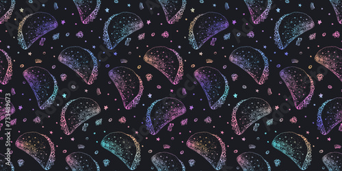 Fashion seamless pattern with holographic colorful outline sketch mexican taco on black background. Engraving fast food wrap sandwich texture for cafe textile design, wrapping paper