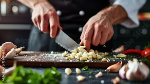 A chef chopping garlic on a wooden board