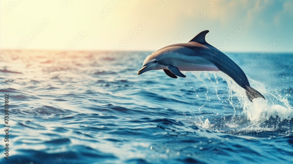 Fototapeta premium Jumping dolphin over ocean waves at sunset