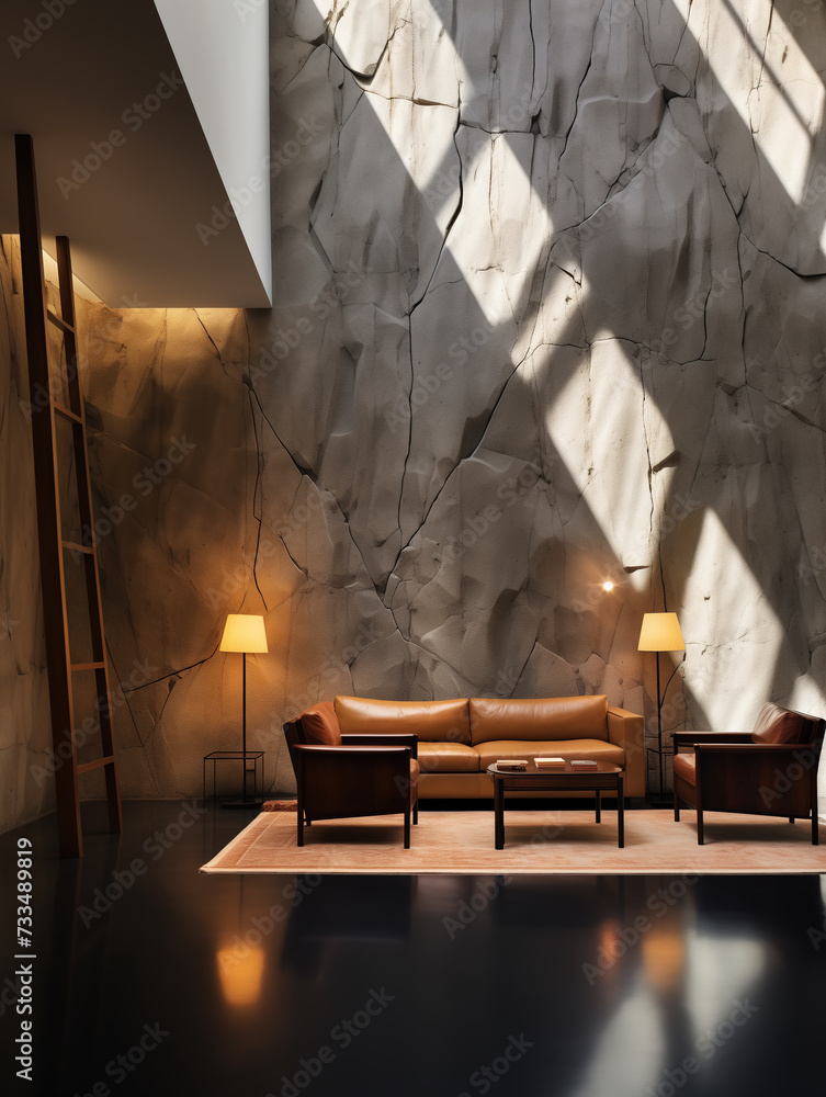 Modern interior design of a lounge area or living room. Textured rough stone walls, leather sofa and armchairs, cozy lamps, and sunlight coming from the skylight in the ceiling.