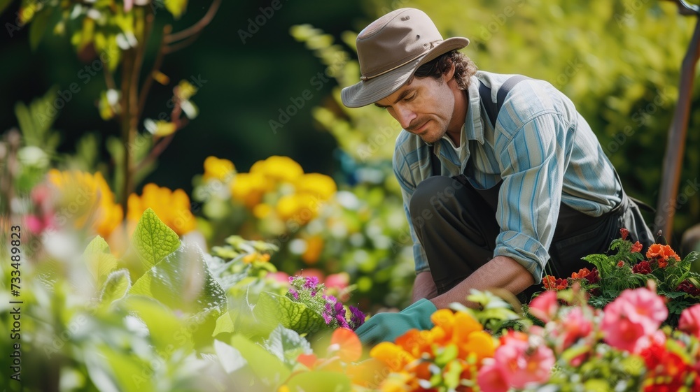 Man tending to vibrant flowers in a garden Man tending to vibrant flowers in a garden
