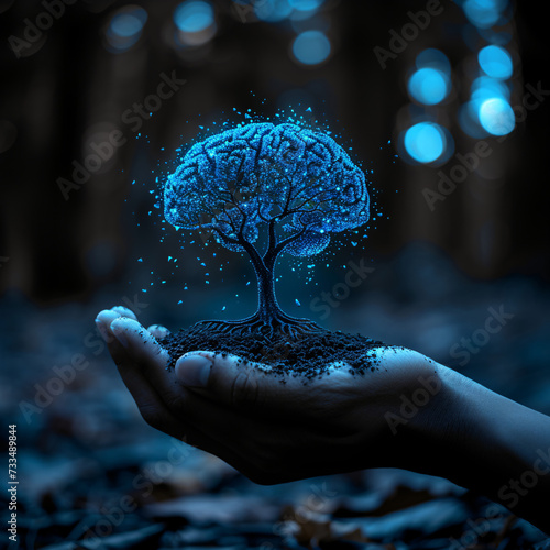 A hand holds a glowing, blue, brain-shaped tree amidst a dark forest photo