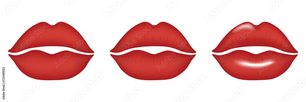 Obraz premium A variety of beautiful 3d red matte and glossy lips isolated on a transparent background. Happy Valentine's Day or Women's day. Vector illustration