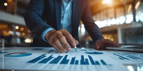 Investor confidently discusses the positive results reflected in a growth chart of profits, symbolizing the success of strategic financial decisions. photo