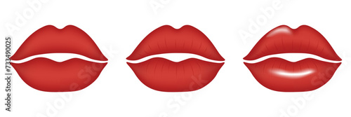 A variety of beautiful 3d red matte and glossy lips isolated on a transparent background. Happy Valentine's Day or Women's day. Vector illustration