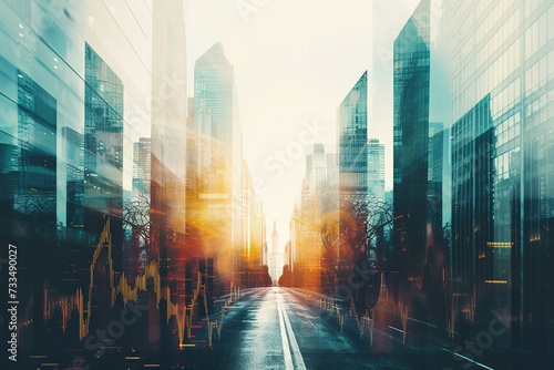 Double exposure of a city emerging against daylight with intertwined upward arrows.