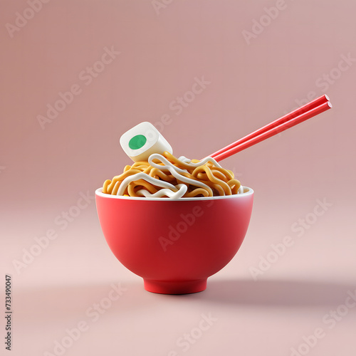 bowl of noodles with chopsticks, white bowl filled with cooked noodles. A pair of red chopsticks is placed within the bowl, picking up some noodles