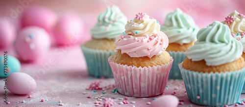 Easter-themed cupcakes with soft colors and shallow focus