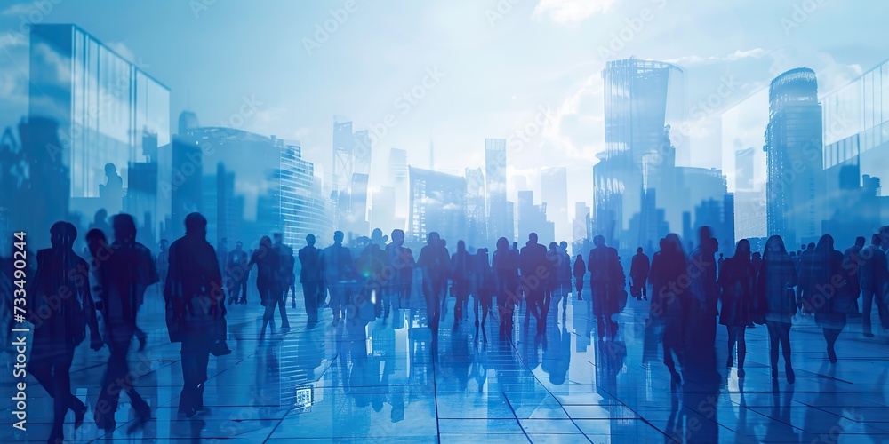 Double exposure reveals the intertwined figures of business people amidst a blue-toned modern cityscape.