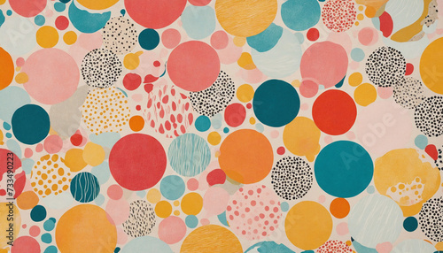 Colorful circle polka dot seamless pattern with collage art texture. Modern contemporary art background  round geometric shape hand drawn print  maximalist graffiti paint wallpaper.  