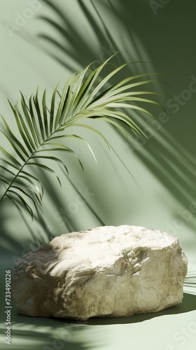 Stone podium display with natural rock pedestal featuring tropical palm leaves casting shadows against a vibrant green background. Perfect for promoting cosmetics, beauty products, or any merchandise.