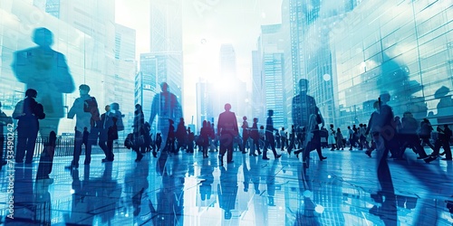 Blue-toned double exposure  Business people s figures intertwined with modern cityscape movement.