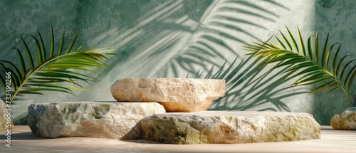 Stone podium display with natural rock pedestal featuring tropical palm leaves casting shadows against a vibrant green background. Perfect for promoting cosmetics, beauty products, or any merchandise.