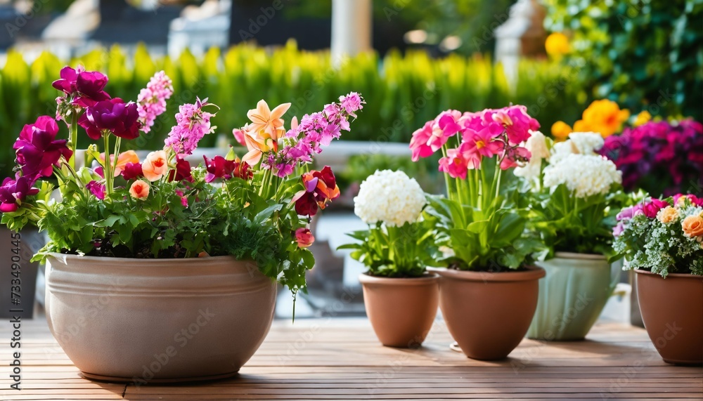 Colorful spring and summer flower variety in patio pots, perfect for banner settings Colorful spring and summer flower variety in patio pots, perfect for banner settings