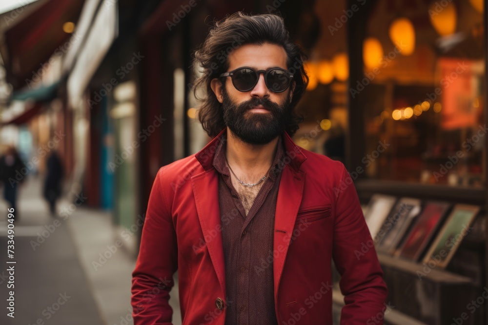 Portrait of a handsome bearded man in a red jacket and sunglasses.