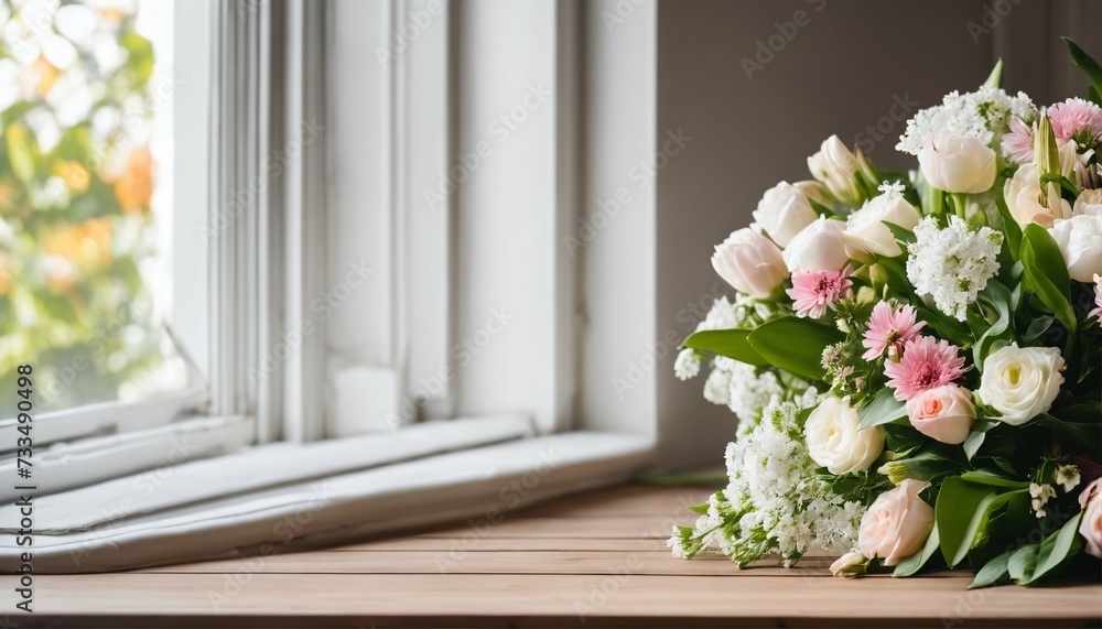 Wooden table with free space for decoration, large white window with spring view and fresh flowers