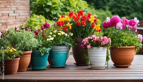 Vibrant spring and summer flowers in pots on patio, colorful banner display © ibreakstock