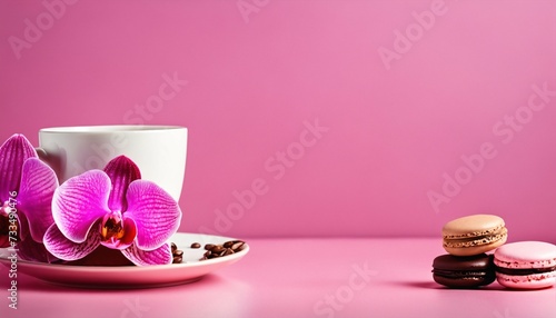 Happy Women s Day setup with pink orchid  hot drink  and macaroon on pastel pink background