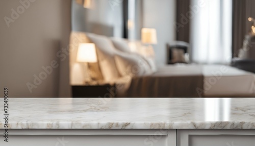 Empty marble stone table in a blurred bedroom interior, ideal for product displays or design layouts