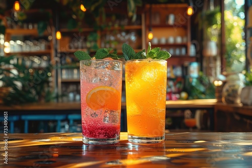 colorful gin tonic cocktails in wine glasses on bar counter in pub or restaurant