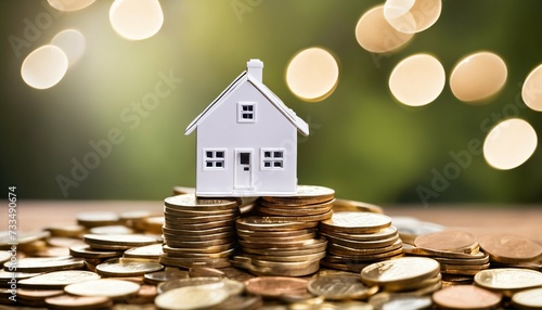 Financial planning for a mortgage: House model above a pile of coins, symbolizing savings for a home