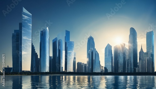 Smart city skyline featuring modern skyscrapers  blue background for business  with reflections and warm rays of sunlight creating a futuristic feel