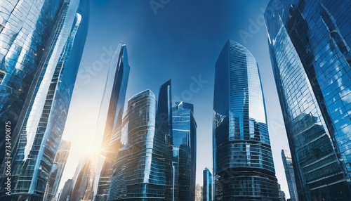 Modern skyscrapers in a smart city's futuristic financial district, with buildings and reflections on a blue background, illuminated by warm sun rays
