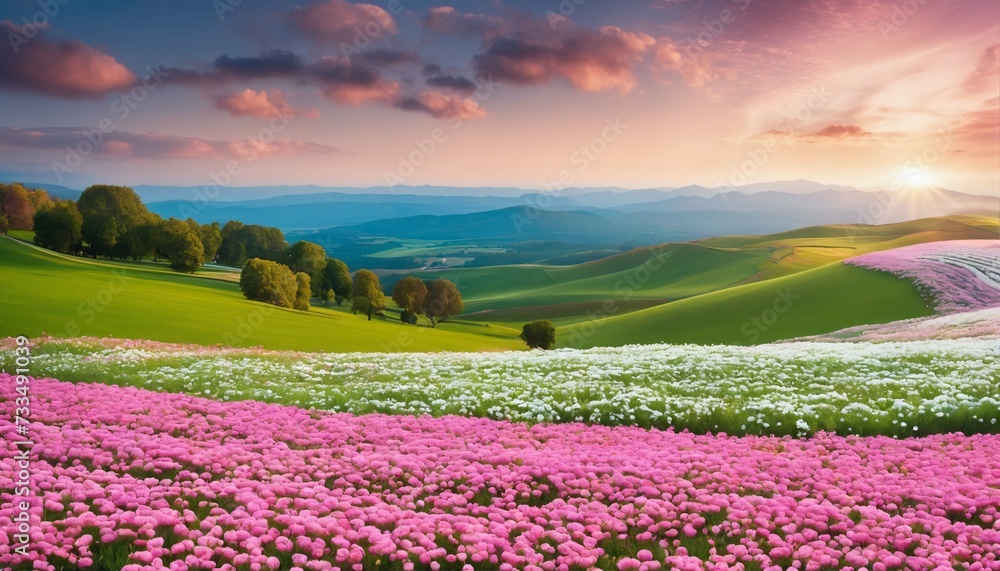 Expansive floral landscape with abundant pink and white blossoms near a rolling hill