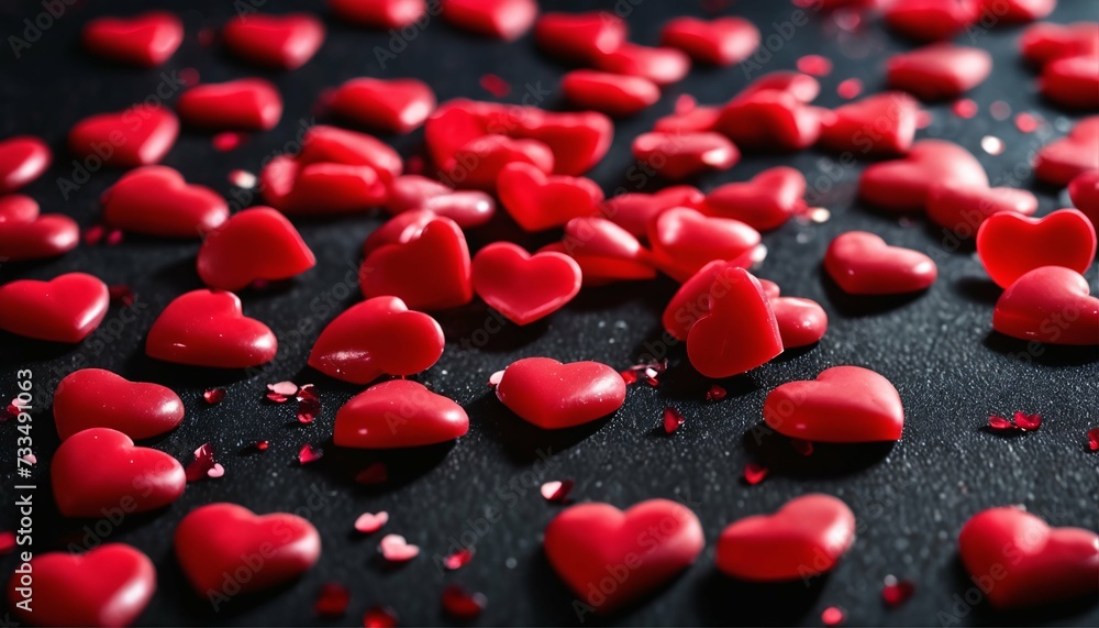 Red heart confections arranged on a dark surface, adorned with red confetti for festive ambiance Red heart confections arranged on a dark surface, adorned with red confetti for festive ambiance