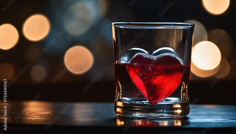 Romantic setting with heart ice in a glass of water, dark ambiance and soft lights in the background Romantic setting with heart ice in a glass of water, dark ambiance and soft lights in the background