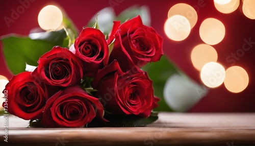 Red rose arrangement on a tabletop beside a blurred backdrop of red and white lights