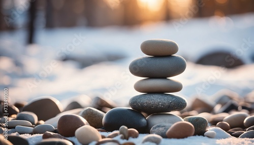 Winter outdoor setting: Stack of pebbles or stones for yoga