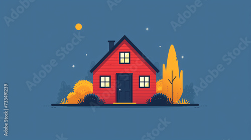 A red house under a clear blue sky with a bright moon, surrounded by yellow bushes photo