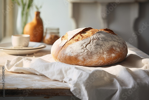 Rustic loaf of bread freshly baked and ready to eat in white modern kitchen