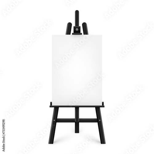 Realistic paint desk with blank white canvas. Black wooden easel and a sheet of drawing paper. Presentation board on a tripod. Artwork mockup, template. Vector illustration