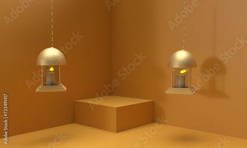 lamp lightbulb candle bright twin podium stand showcase presentation orange yellow golden background wallpaper empty blank ramadan ramadon mubarak kareem arab muslim islamic religion culture mosque  photo