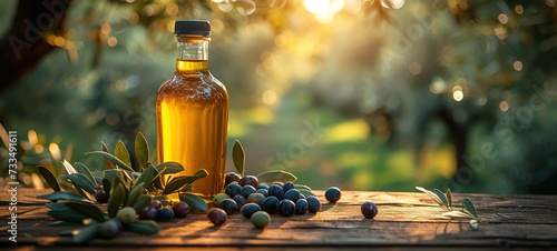 Glass container with olive oil on wooden table with branches and olives © Vasiliy