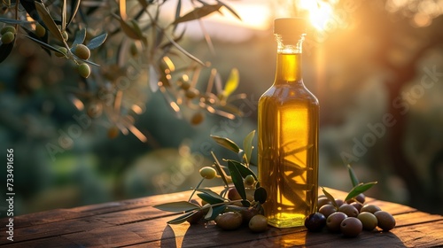 Glass container with olive oil on wooden table with branches and olives