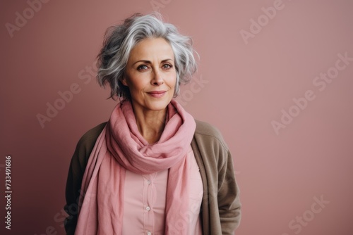 Portrait of a beautiful senior woman with grey hair and pink scarf