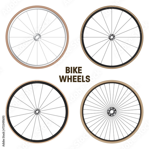 Realistic 3d retro bicycle wheels. Vintage bike rubber tyres, shiny metal spokes and rims. Fitness cycle, touring, sport, road and mountain bike. Vector illustration