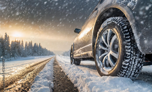 Image showing vehicle winter tires on snow covered road