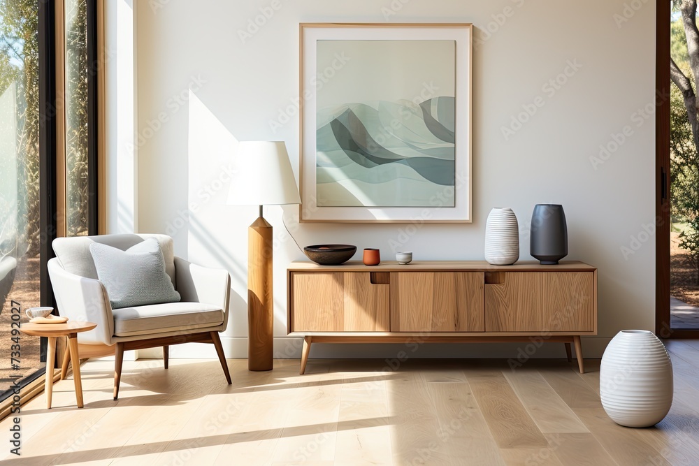 Bedroom with a minimalist design and sleek bedside table adorned with a soft lamp Bedroom with a minimalist design and sleek bedside table adorned with a soft lamp