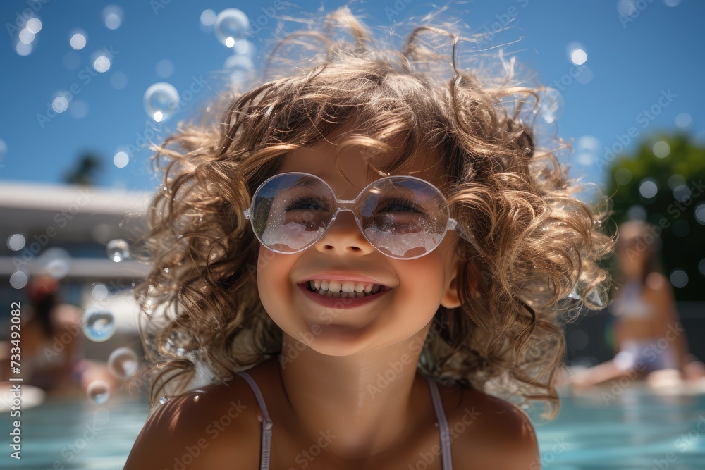 Girl enjoying a leisurely time in a swimming pool wearing stylish sunglasses